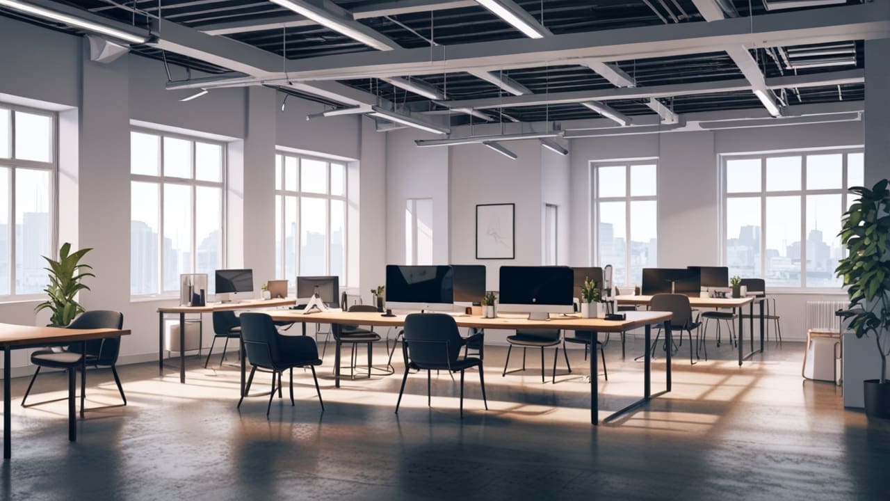 Espacio de coworking moderno con equipos de alta tecnología y decoración minimalista