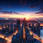 Vista panorámica de un moderno centro de innovación tecnológica al atardecer