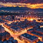 Vista panorámica de un moderno centro tecnológico en Latinoamérica al atardecer