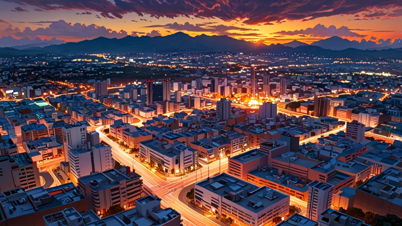 Vista panorámica de un moderno centro tecnológico en Latinoamérica al atardecer