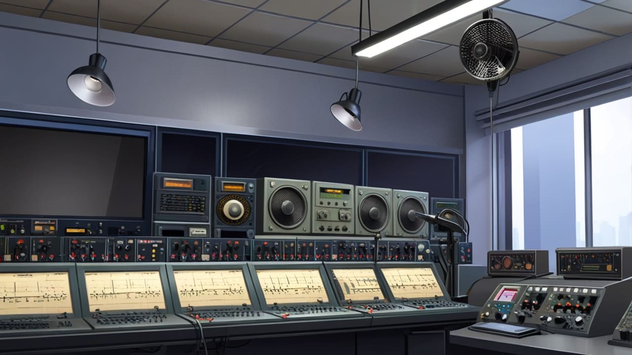 Interior de una moderna estación de radio con micrófonos y equipos tecnológicos.