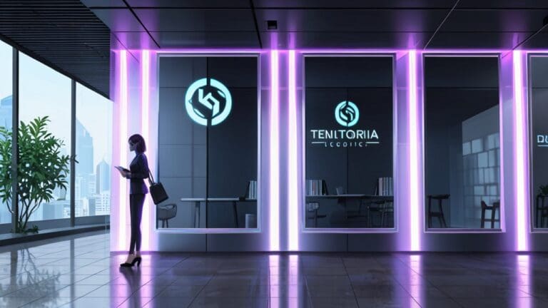 Moderna oficina tecnológica con logotipo futurista en las ventanas y pantallas digitales