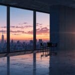 Vista tecnológica de un centro de innovación con oficinas modernas bajo un cielo despejado al amanecer