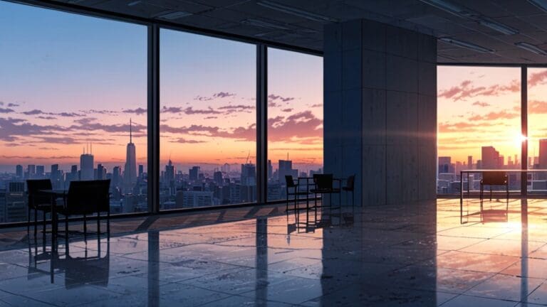 Vista tecnológica de un centro de innovación con oficinas modernas bajo un cielo despejado al amanecer