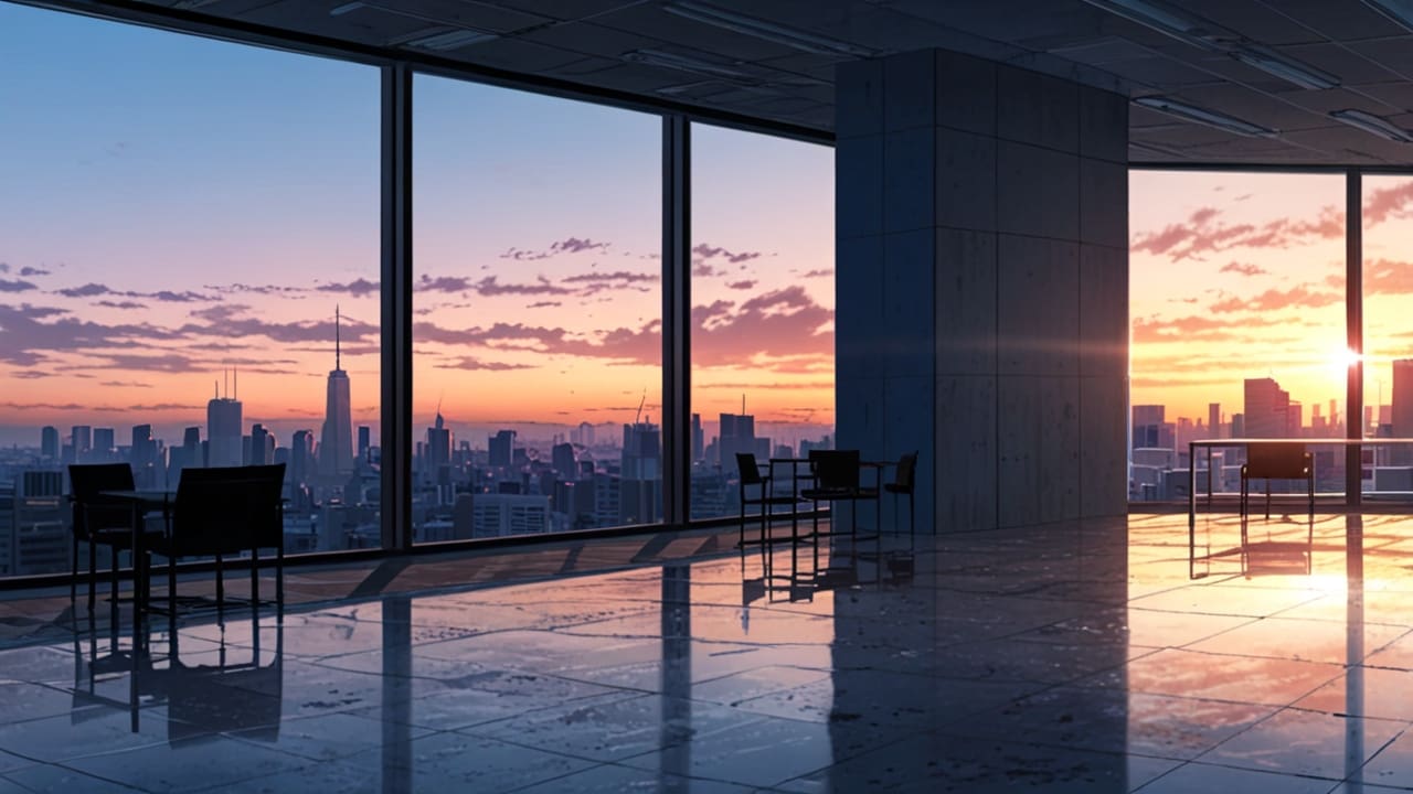 Vista tecnológica de un centro de innovación con oficinas modernas bajo un cielo despejado al amanecer