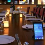 Mesa de restaurante moderna con dispositivos de pago digital sobre la mesa, iluminada suavemente.