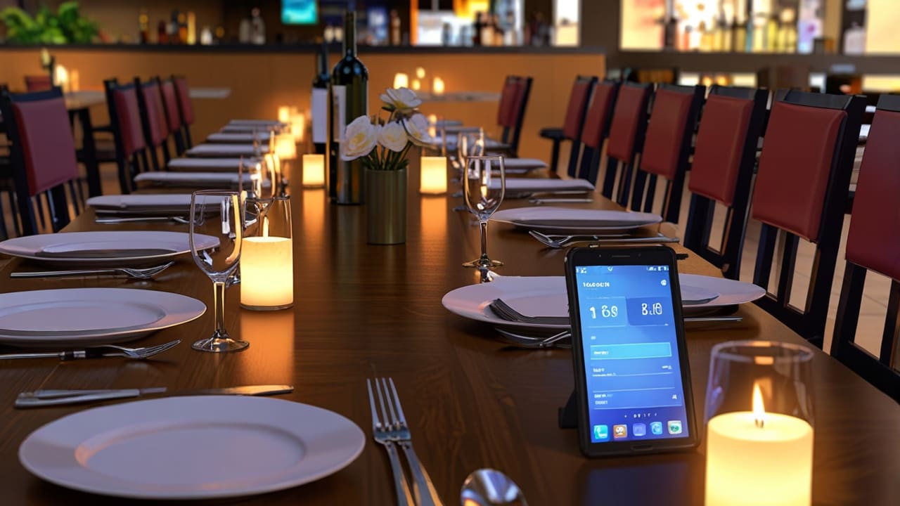 Mesa de restaurante moderna con dispositivos de pago digital sobre la mesa, iluminada suavemente.