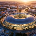 Vista aérea de un moderno centro de innovación tecnológica en Sevilla al atardecer