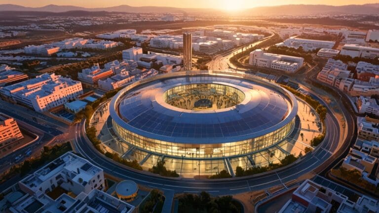 Vista aérea de un moderno centro de innovación tecnológica en Sevilla al atardecer