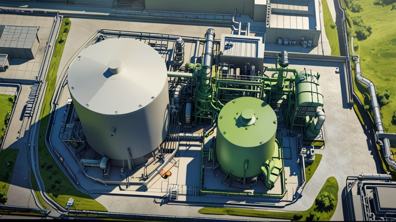 Vista aérea de una planta industrial innovadora con tecnología avanzada en verde y gris