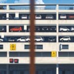 Lote de vehículos nuevos estacionados en una subasta, al aire libre, con fondo urbano y cielo despejado.