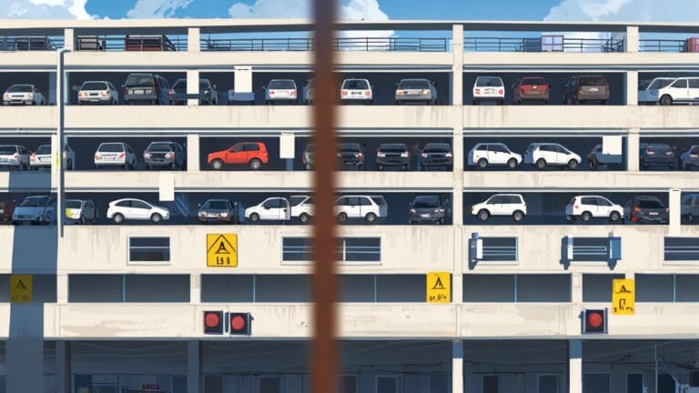 Lote de vehículos nuevos estacionados en una subasta, al aire libre, con fondo urbano y cielo despejado.