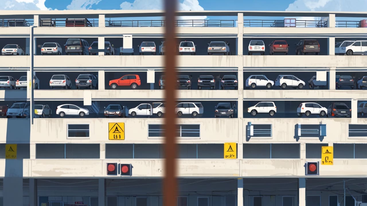 Lote de vehículos nuevos estacionados en una subasta, al aire libre, con fondo urbano y cielo despejado.