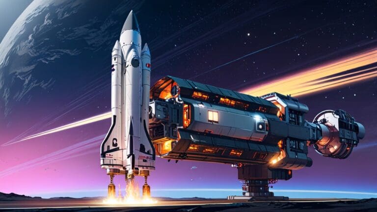 Nave espacial innovadora en una plataforma de lanzamiento futurista al amanecer