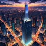 Vista aérea de una ciudad latinoamericana con edificios modernos y oficinas tecnológicas al atardecer