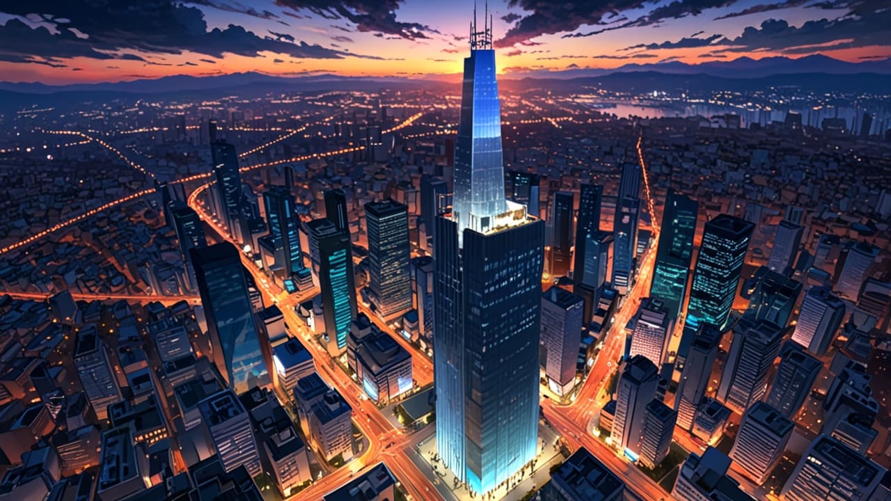 Vista aérea de una ciudad latinoamericana con edificios modernos y oficinas tecnológicas al atardecer