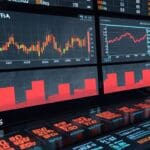 Pantallas de mercado con gráficos de tendencias financieras en una sala de control moderna