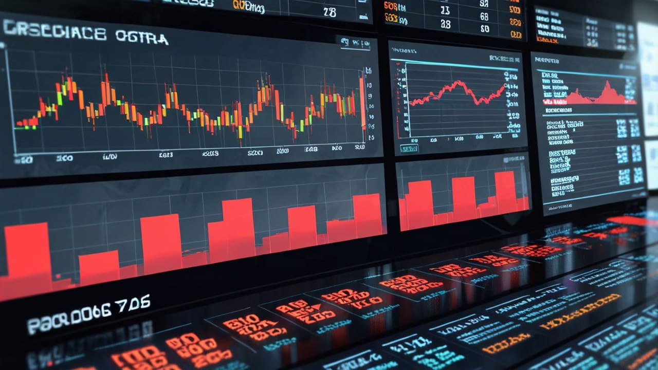 Pantallas de mercado con gráficos de tendencias financieras en una sala de control moderna