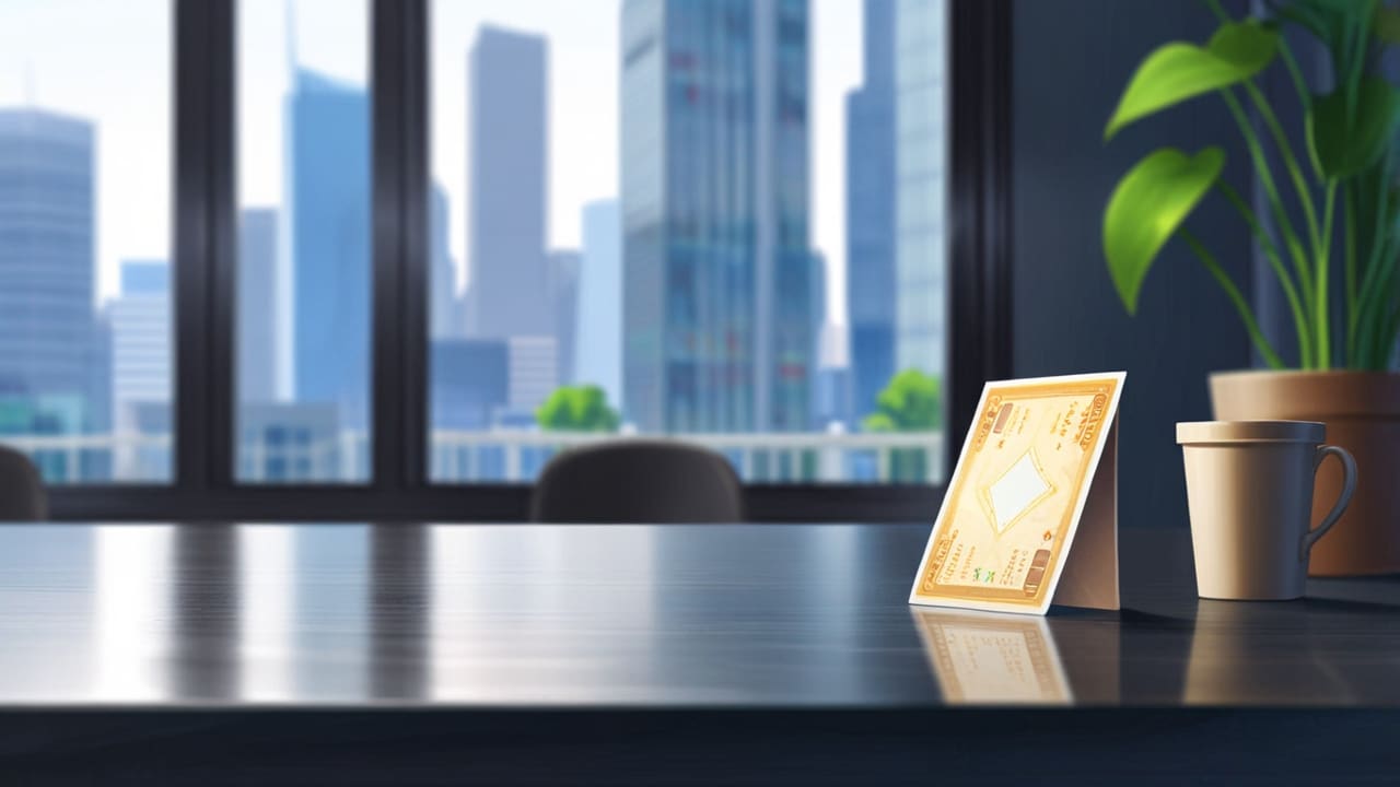 Primer plano de una tarjeta de crédito sobre una mesa, con fondo de ciudad tecnológica.