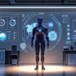 Oficina moderna con tecnología avanzada y gráficos de inteligencia artificial en pantallas.