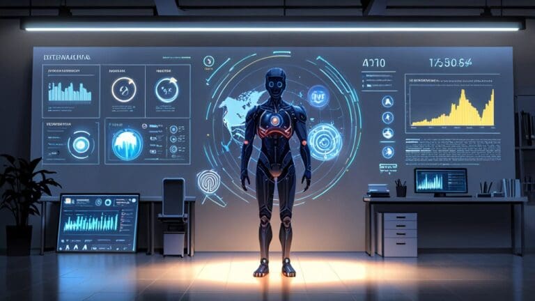 Oficina moderna con tecnología avanzada y gráficos de inteligencia artificial en pantallas.