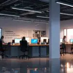 Oficinas modernas con equipos de trabajo enfocándose en innovación tecnológica