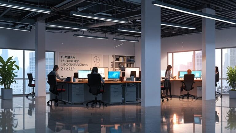 Oficinas modernas con equipos de trabajo enfocándose en innovación tecnológica