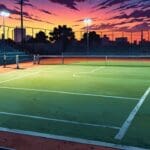 Vista moderna de un complejo deportivo con canchas de pádel al anochecer.