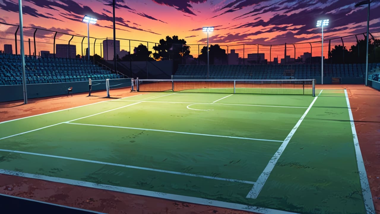 Vista moderna de un complejo deportivo con canchas de pádel al anochecer.