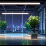 Centro de innovación tecnológica con plantas y luces LED verdes iluminando un espacio moderno