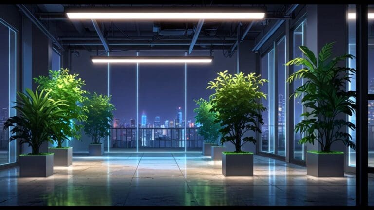Centro de innovación tecnológica con plantas y luces LED verdes iluminando un espacio moderno