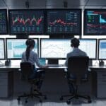 Oficina moderna con computadores y pantallas mostrando gráficos financieros