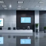 Vista moderna de oficinas corporativas y pantallas digitales en un entorno tecnológico