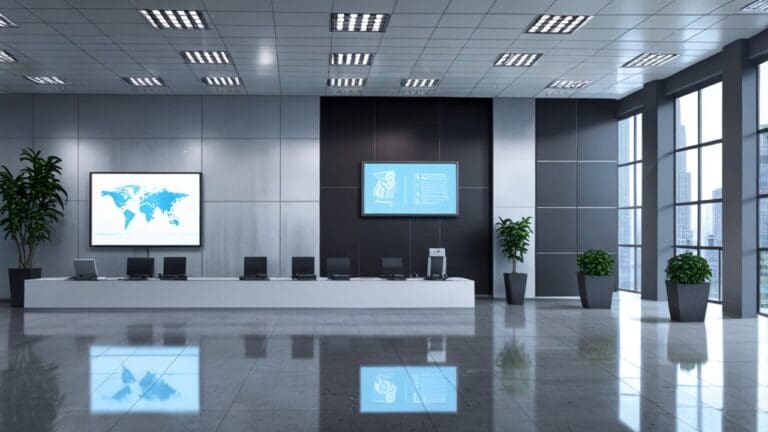 Vista moderna de oficinas corporativas y pantallas digitales en un entorno tecnológico