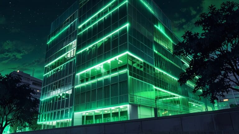 Edificio tecnológico moderno iluminado con luces verdes durante la noche