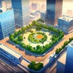 Vista aérea de un moderno centro tecnológico rodeado de vegetación e innovación