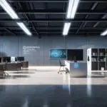 Oficina moderna con ambiente tecnológico y equipos de inteligencia artificial en funcionamiento