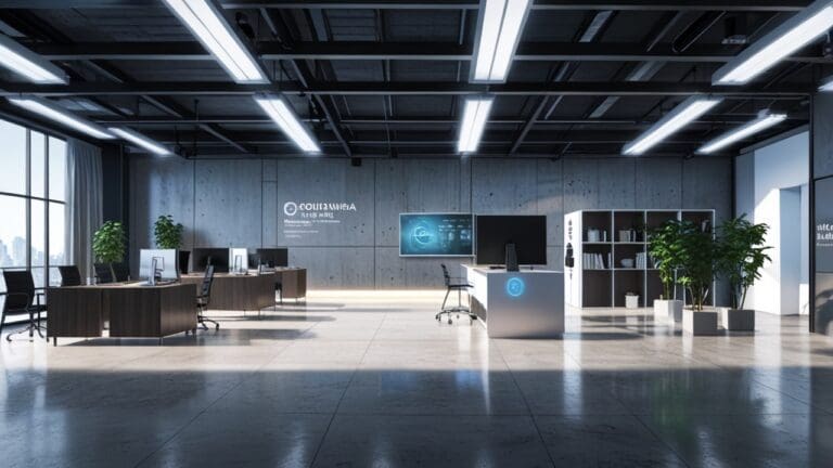 Oficina moderna con ambiente tecnológico y equipos de inteligencia artificial en funcionamiento