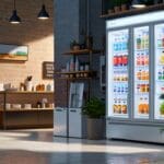 Primer plano de un refrigerador moderno en una tienda, mostrando paneles innovadores de tecnología verde