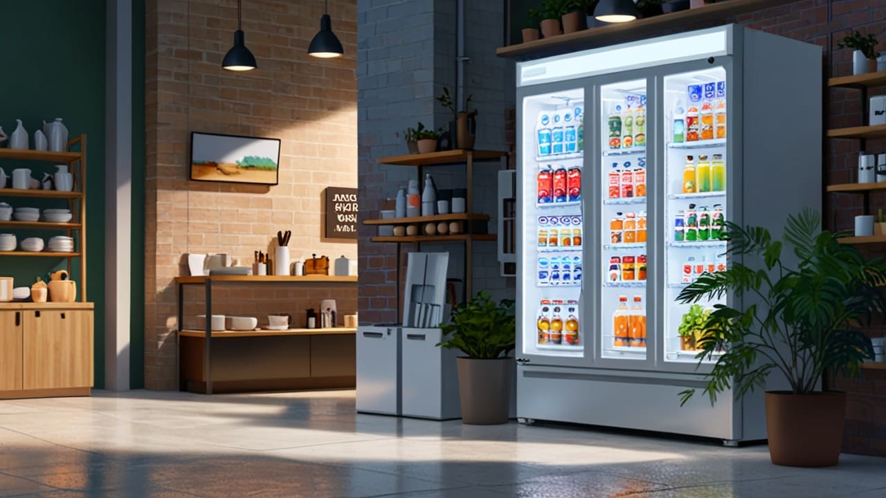 Primer plano de un refrigerador moderno en una tienda, mostrando paneles innovadores de tecnología verde