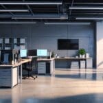 Espacio de trabajo moderno con computadoras y equipo tecnológico, ambiente acogedor y profesional