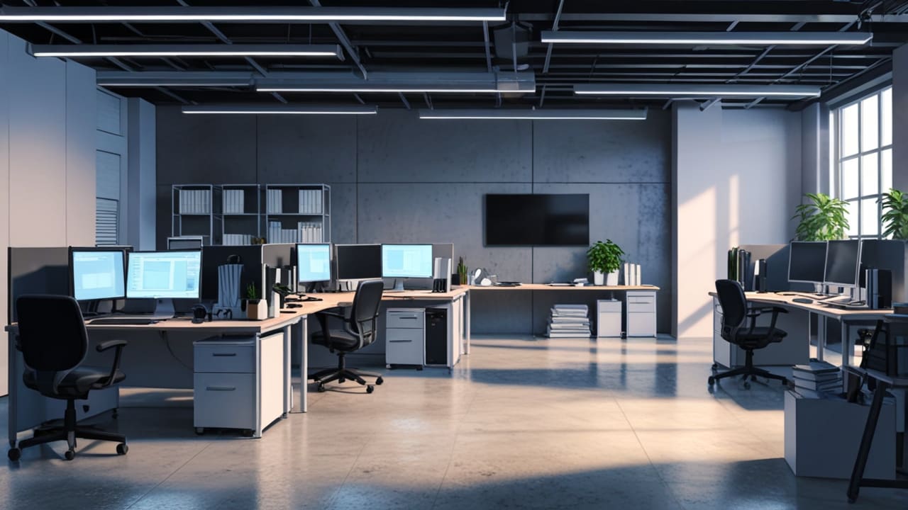 Espacio de trabajo moderno con computadoras y equipo tecnológico, ambiente acogedor y profesional