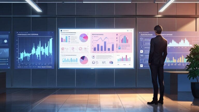 Oficina moderna con pantallas mostrando gráficos de inteligencia artificial y redes sociales