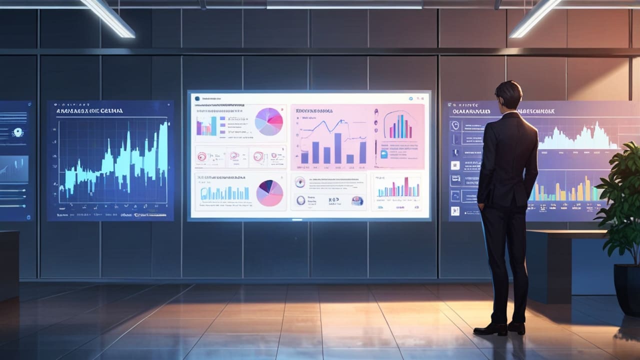 Oficina moderna con pantallas mostrando gráficos de inteligencia artificial y redes sociales