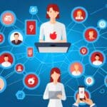 Ilustración de una red social digital con iconos de tecnología moderna sobre un fondo azul