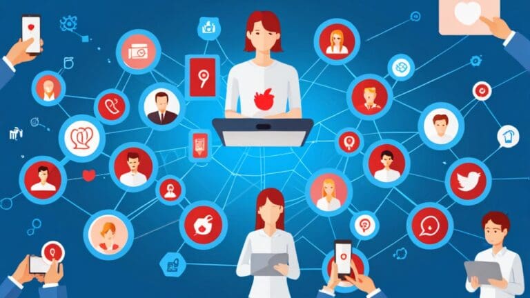 Ilustración de una red social digital con iconos de tecnología moderna sobre un fondo azul