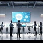 Moderno centro de capacitación empresarial lleno de computadoras y pantallas interactivas.