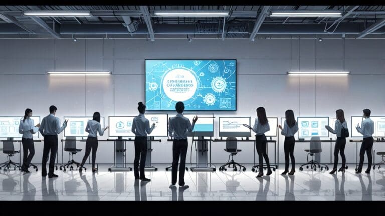 Moderno centro de capacitación empresarial lleno de computadoras y pantallas interactivas.