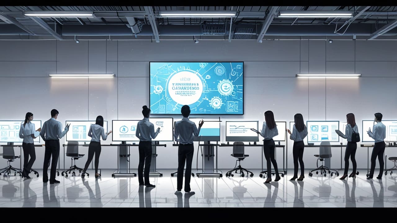 Moderno centro de capacitación empresarial lleno de computadoras y pantallas interactivas.