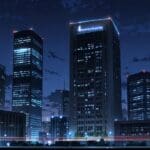 Ciudad moderna de noche con luces de oficina brillantes, simbolizando el auge tecnológico